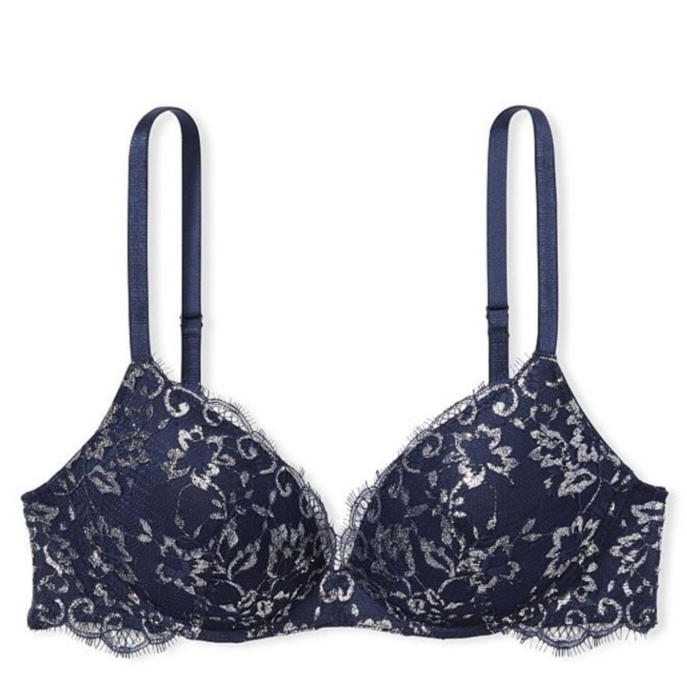 Victoria's Secret Dream Angels 38D Push Up Bra Navy Blue Silver Lace Sexy